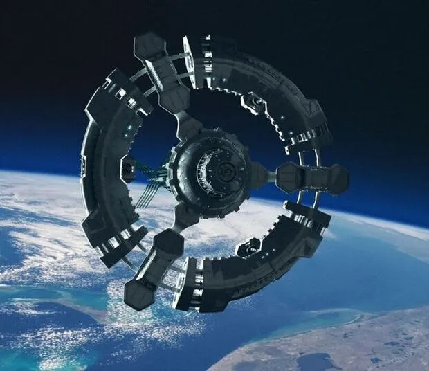 Futuristic space station in orbit above Earth, with the planet’s surface and atmosphere visible in the background